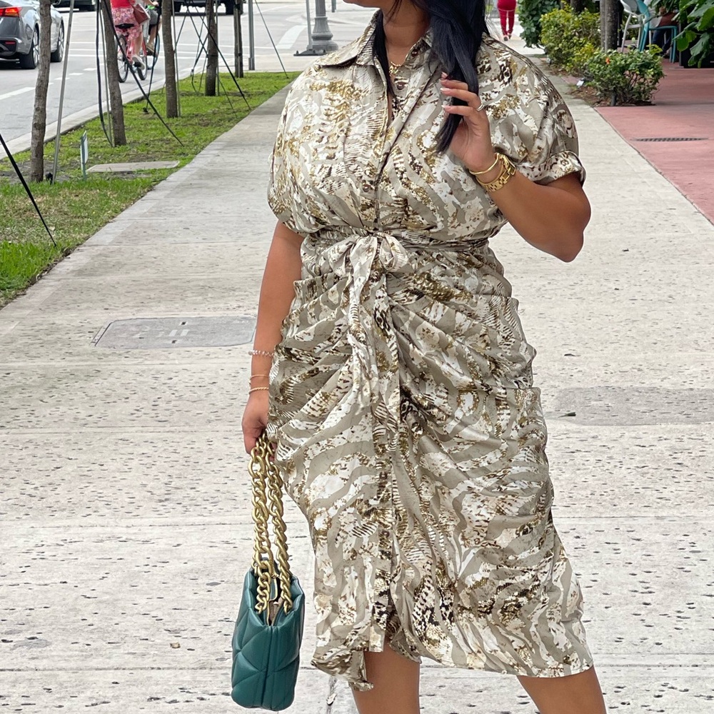 Fashion Nova Beige and Brown Midi Dress